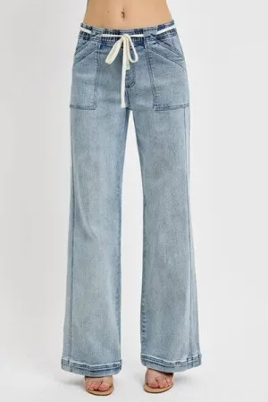 Day to Day Straight Leg Tie Waist Jeans in Medium Wash - Misses and Curvy