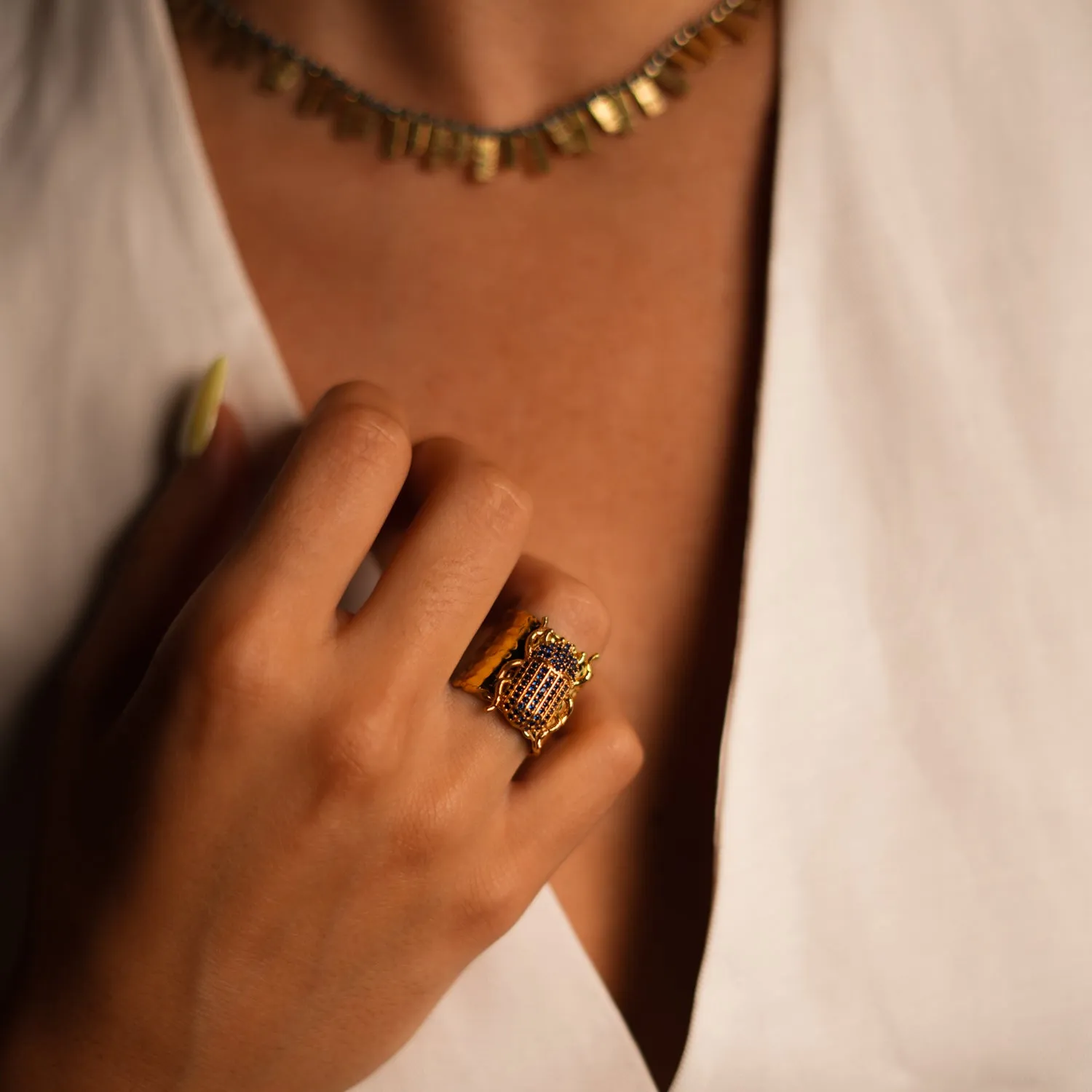 Egyptian Symbol Scarab Beetle Sapphire & Gold Chunky Ring