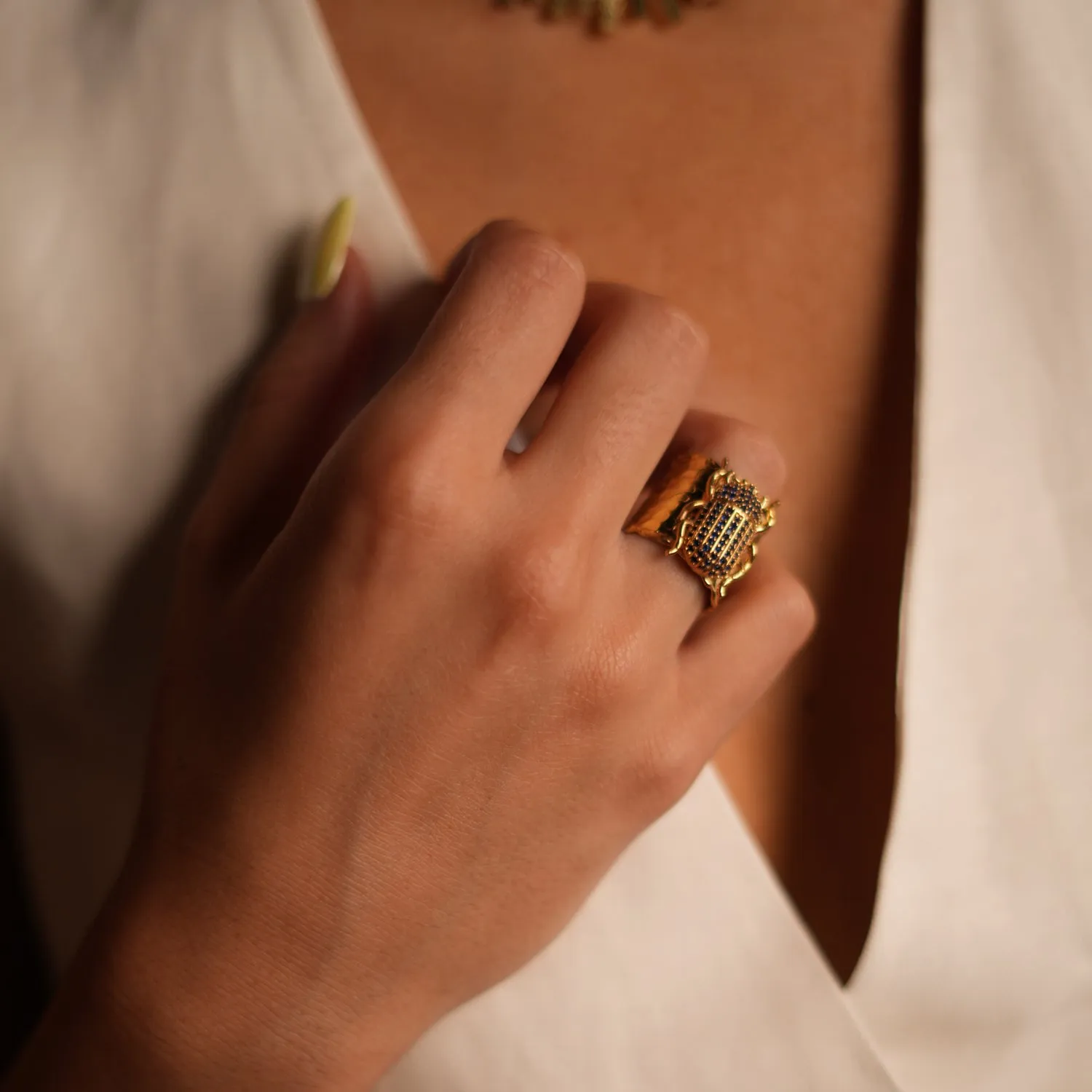 Egyptian Symbol Scarab Beetle Sapphire & Gold Chunky Ring