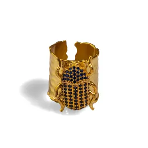 Egyptian Symbol Scarab Beetle Sapphire & Gold Chunky Ring