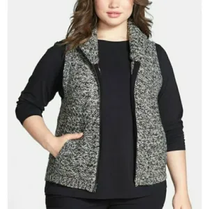 Eileen Fisher Gray Tweedy Yak Merino Wool Knit Sweater Vest Full Zip Pockets, 3X