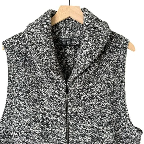 Eileen Fisher Gray Tweedy Yak Merino Wool Knit Sweater Vest Full Zip Pockets, 3X