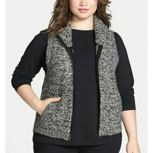 Eileen Fisher Gray Tweedy Yak Merino Wool Knit Sweater Vest Full Zip Pockets, 3X