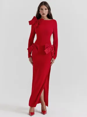 Elegant Backless Sexy Maxi Dress with Bows For Women Fashion Red O-Neck Long Sleeve Bodycon Club Wedding Party Prom Long Dress New