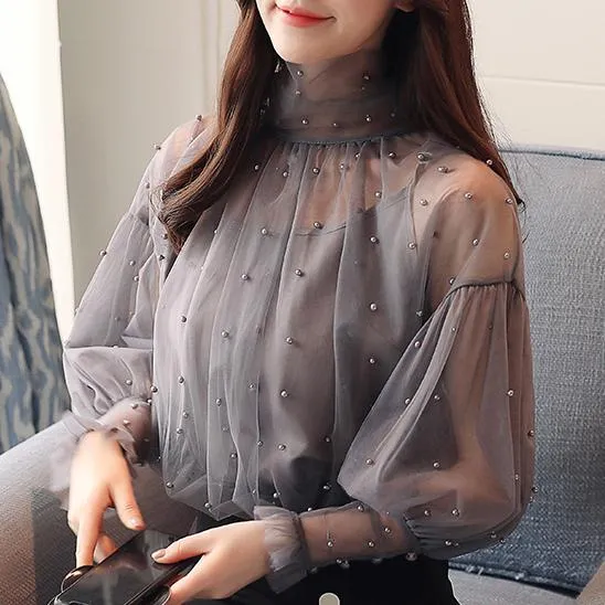 Elegant Lantern Beaded Sleeve Blouse