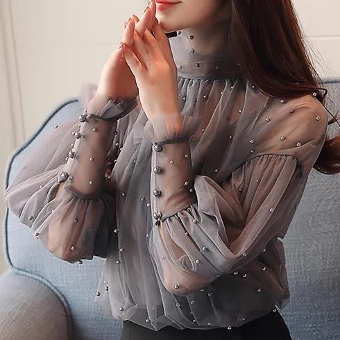 Elegant Lantern Beaded Sleeve Blouse