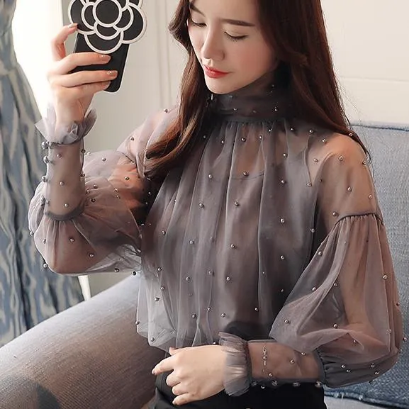 Elegant Lantern Beaded Sleeve Blouse