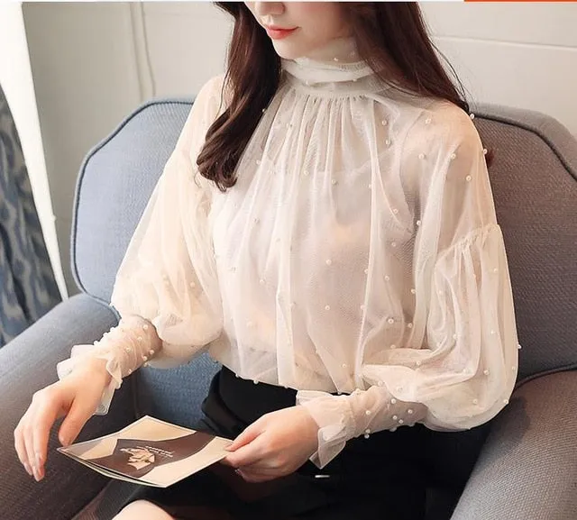 Elegant Lantern Beaded Sleeve Blouse