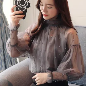 Elegant Lantern Beaded Sleeve Blouse