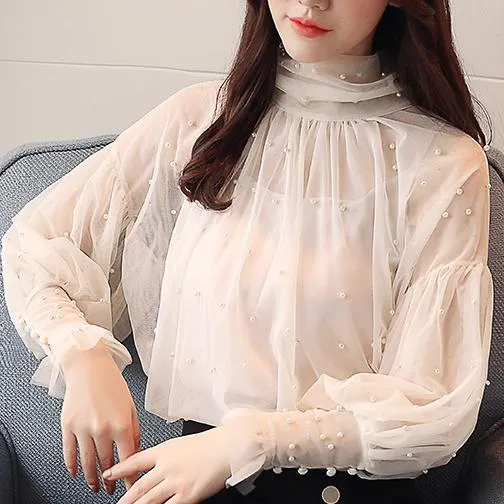 Elegant Lantern Beaded Sleeve Blouse