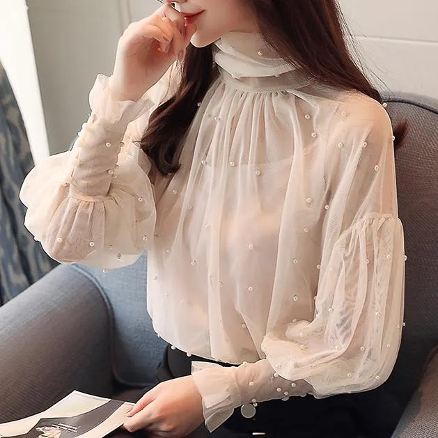Elegant Lantern Beaded Sleeve Blouse