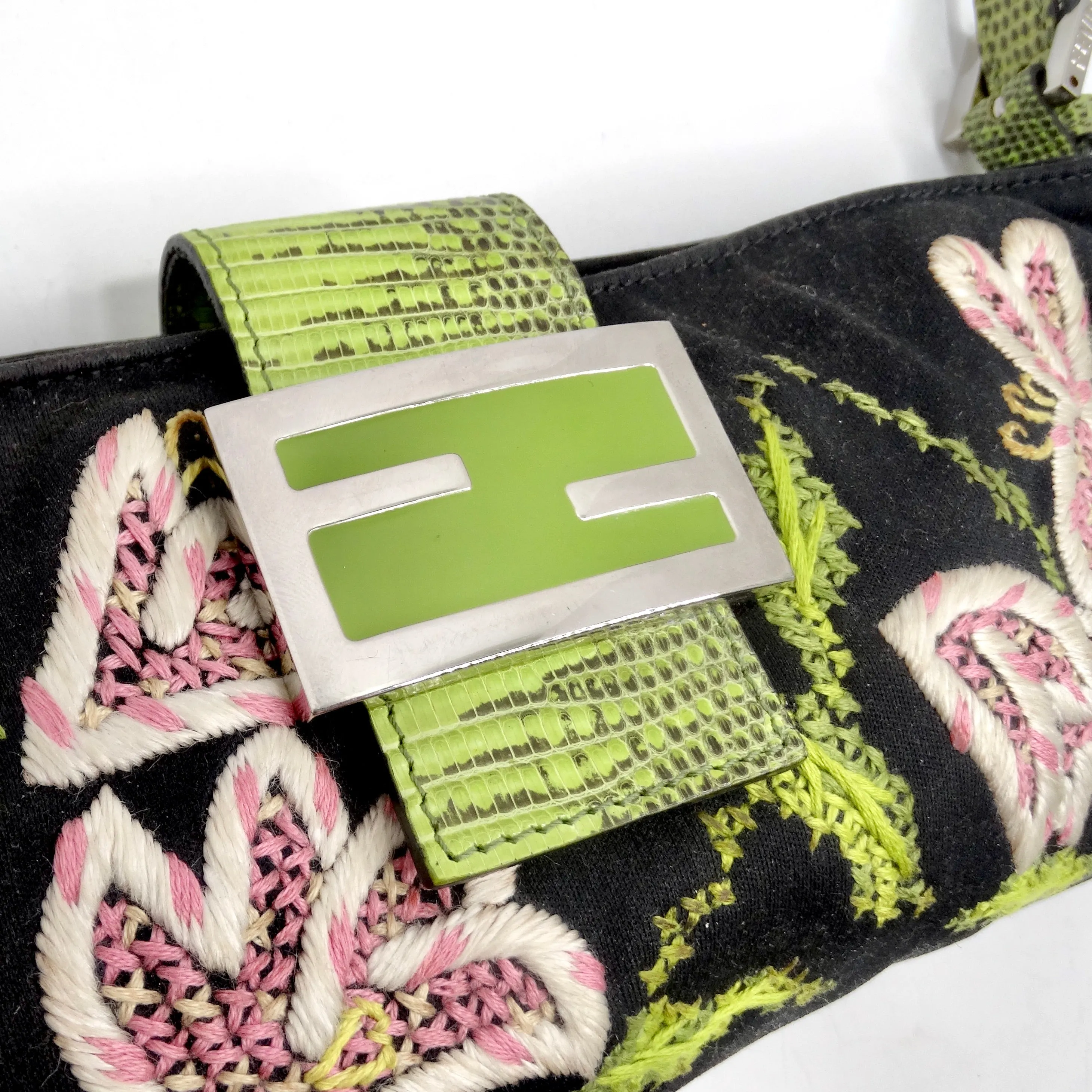 Fendi Flower Embroidered Lizard Embossed Shoulder Bag