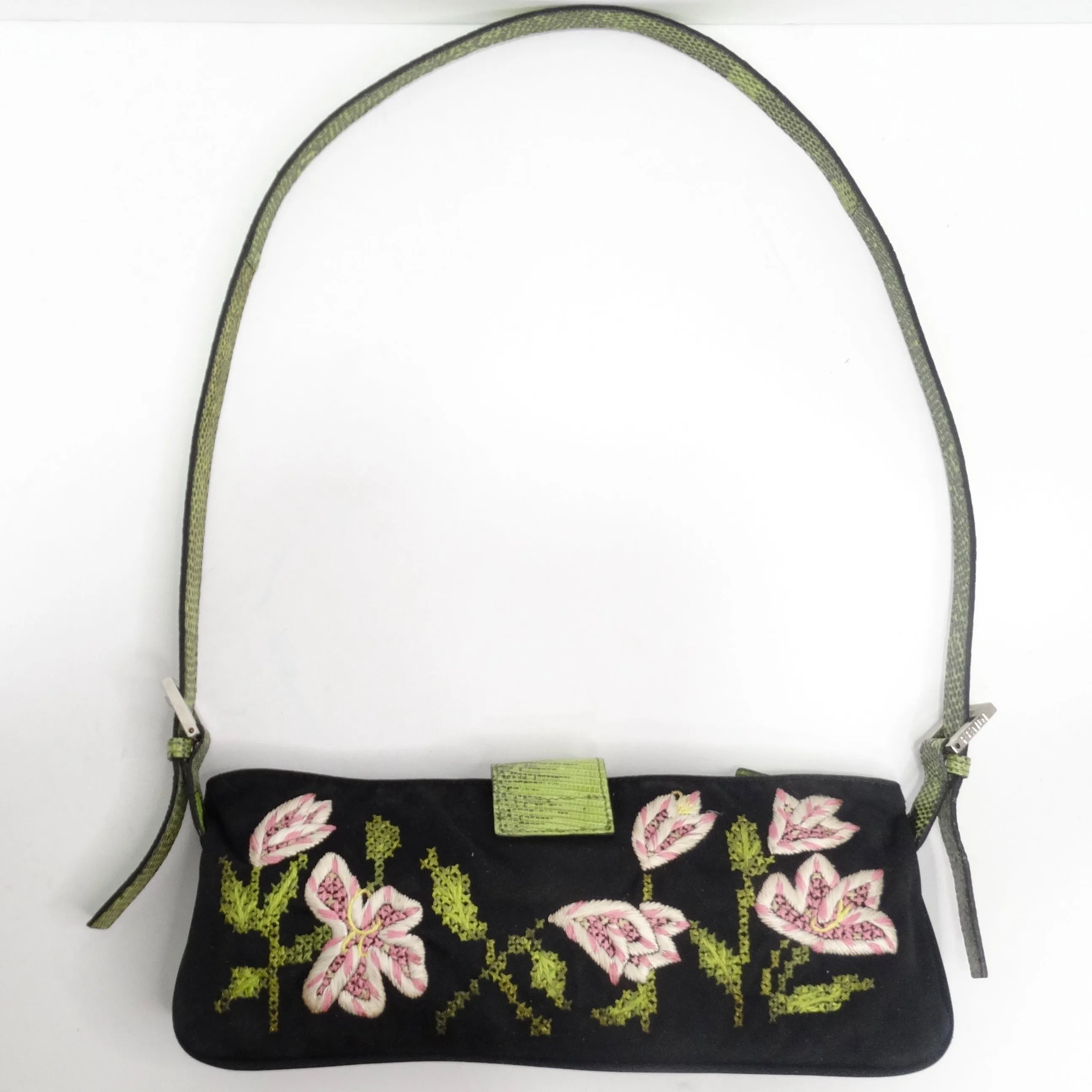Fendi Flower Embroidered Lizard Embossed Shoulder Bag