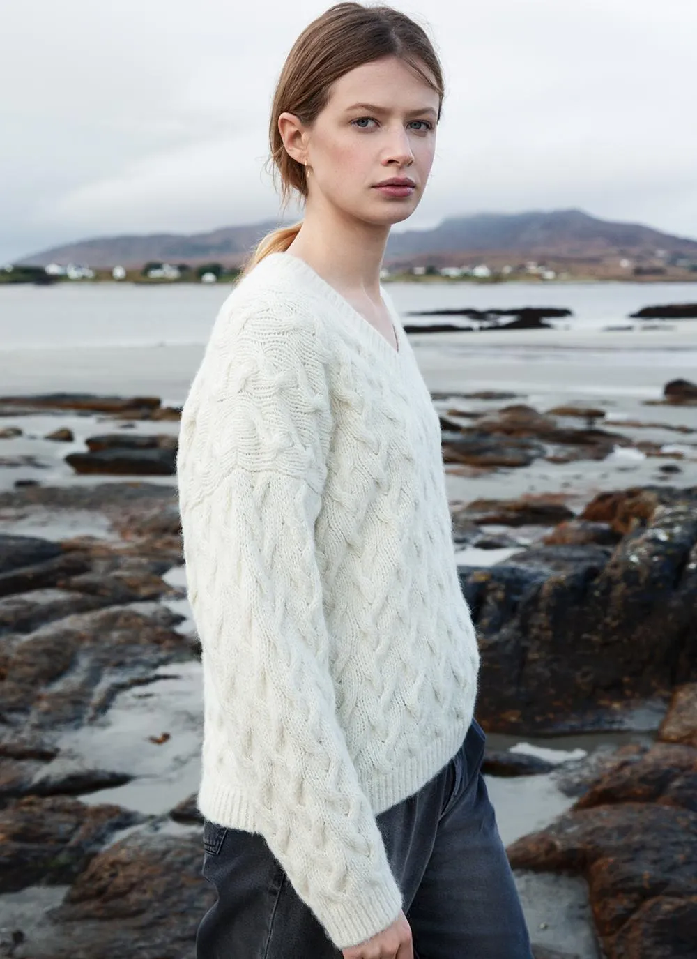 Fisherman Chunky Aran Baby Alpaca V Neck Sweater