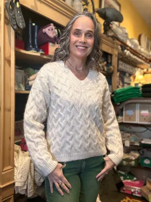 Fisherman Chunky Aran Baby Alpaca V Neck Sweater