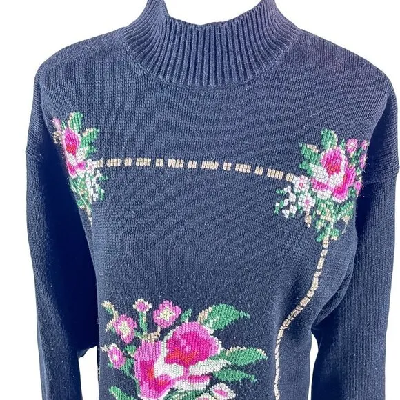 Floral Embroidered Cross Stitch Knit Oversized Sweater sz M