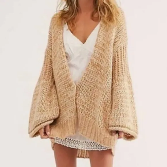 Free People Hometown Oversized Tan Wool Angora Blend Chunky Knit Cardigan L