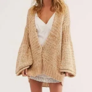 Free People Hometown Oversized Tan Wool Angora Blend Chunky Knit Cardigan L