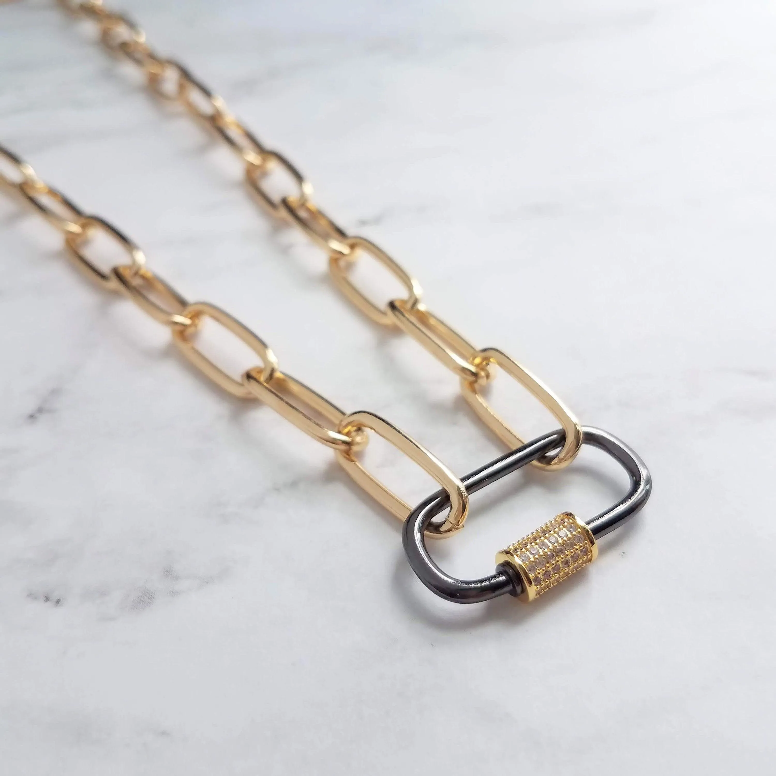 Gold Oval Chain Necklace, chunky front clasp necklace, black carabiner clasp, gold black necklace, large oval CZ clasp, screw clasp necklace