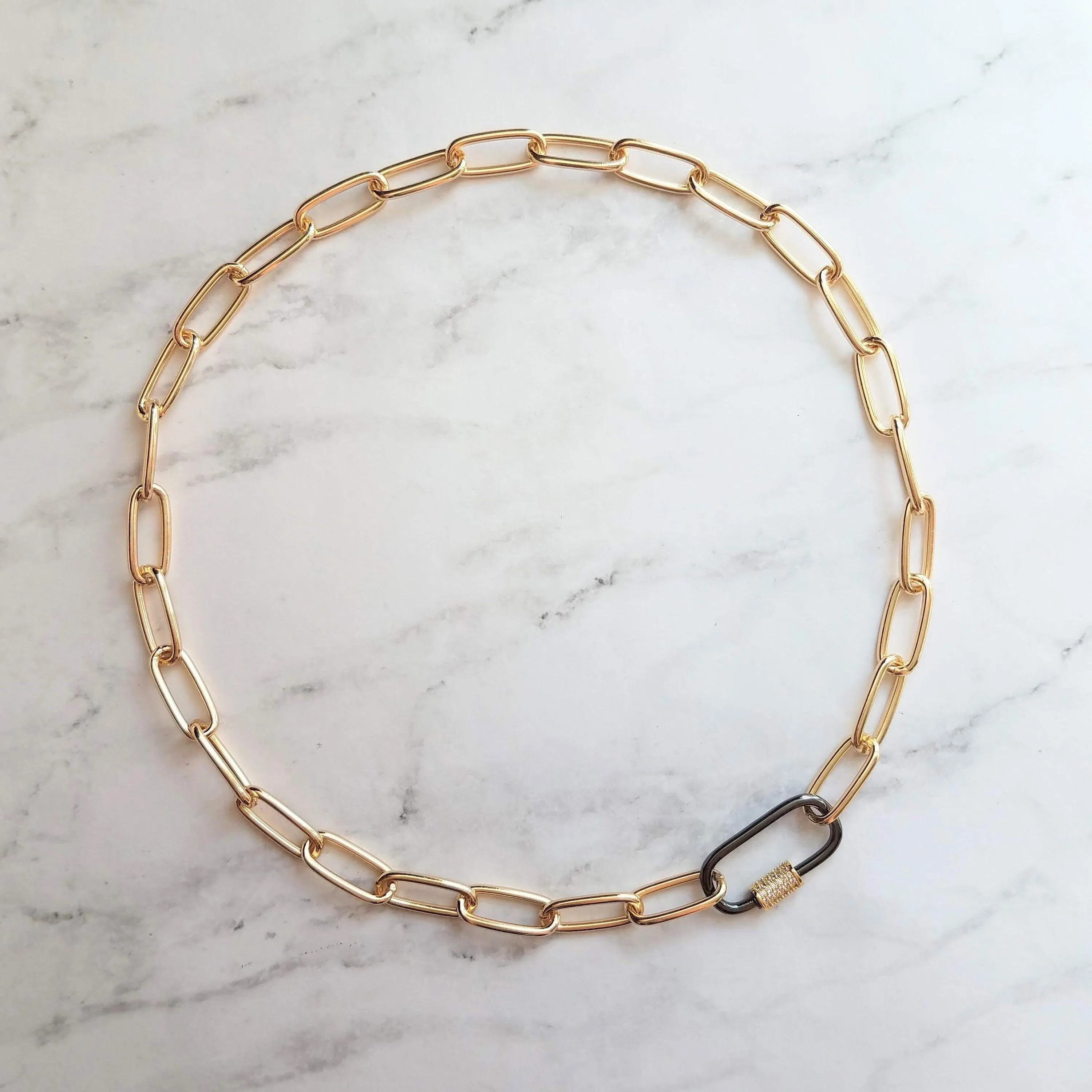 Gold Oval Chain Necklace, chunky front clasp necklace, black carabiner clasp, gold black necklace, large oval CZ clasp, screw clasp necklace