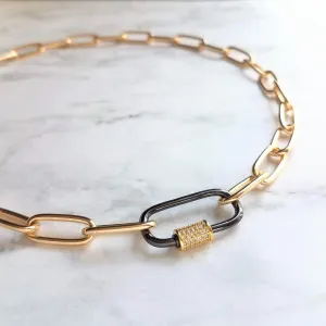 Gold Oval Chain Necklace, chunky front clasp necklace, black carabiner clasp, gold black necklace, large oval CZ clasp, screw clasp necklace