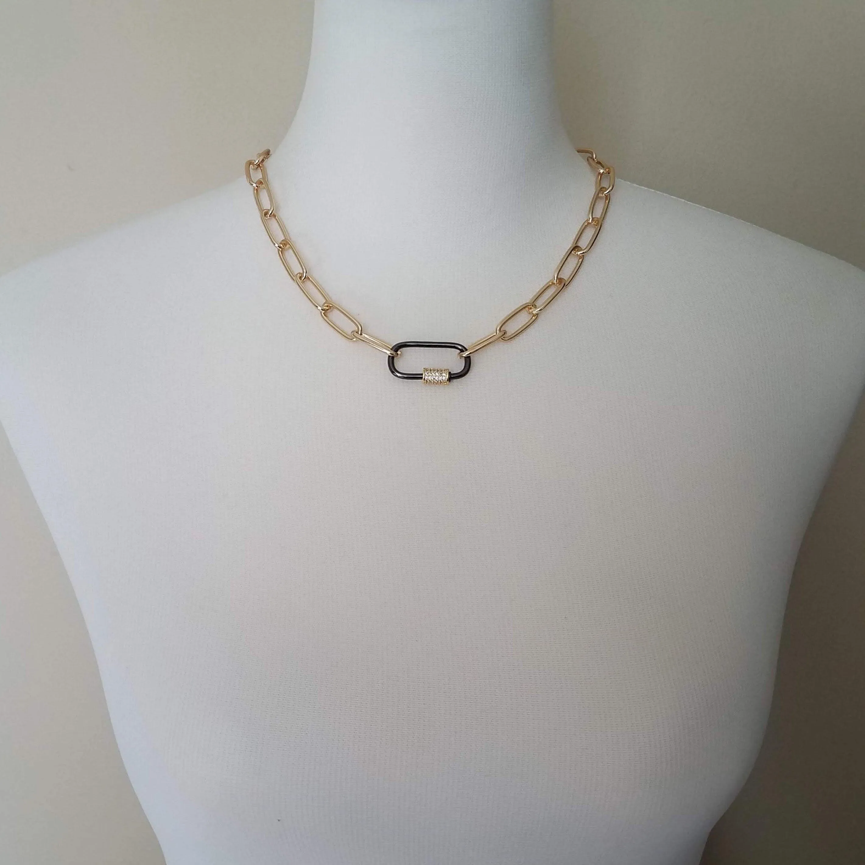 Gold Oval Chain Necklace, chunky front clasp necklace, black carabiner clasp, gold black necklace, large oval CZ clasp, screw clasp necklace