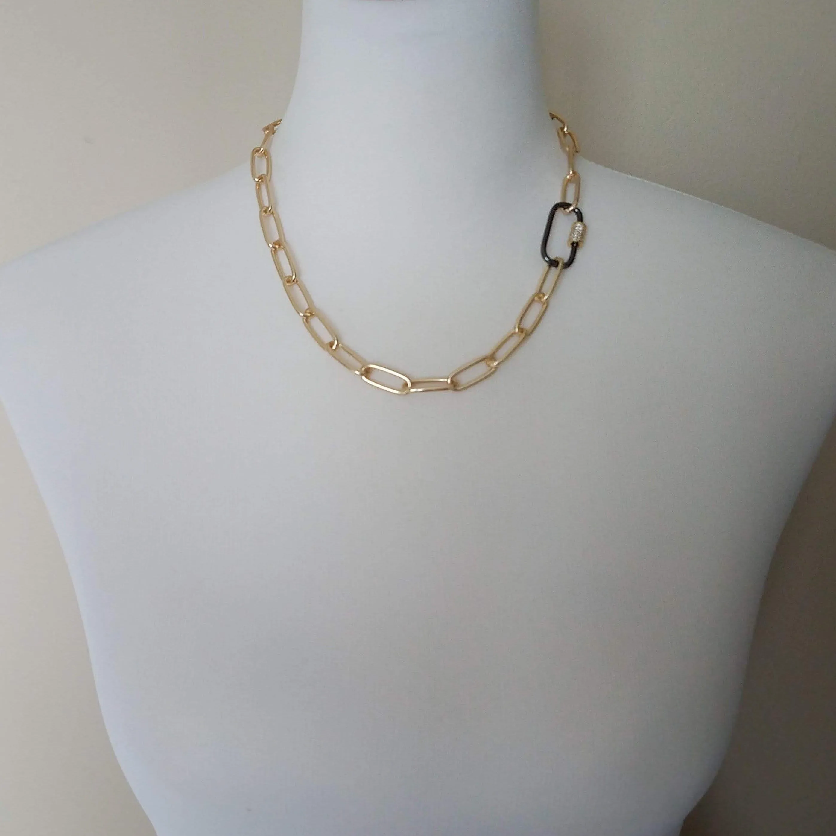Gold Oval Chain Necklace, chunky front clasp necklace, black carabiner clasp, gold black necklace, large oval CZ clasp, screw clasp necklace