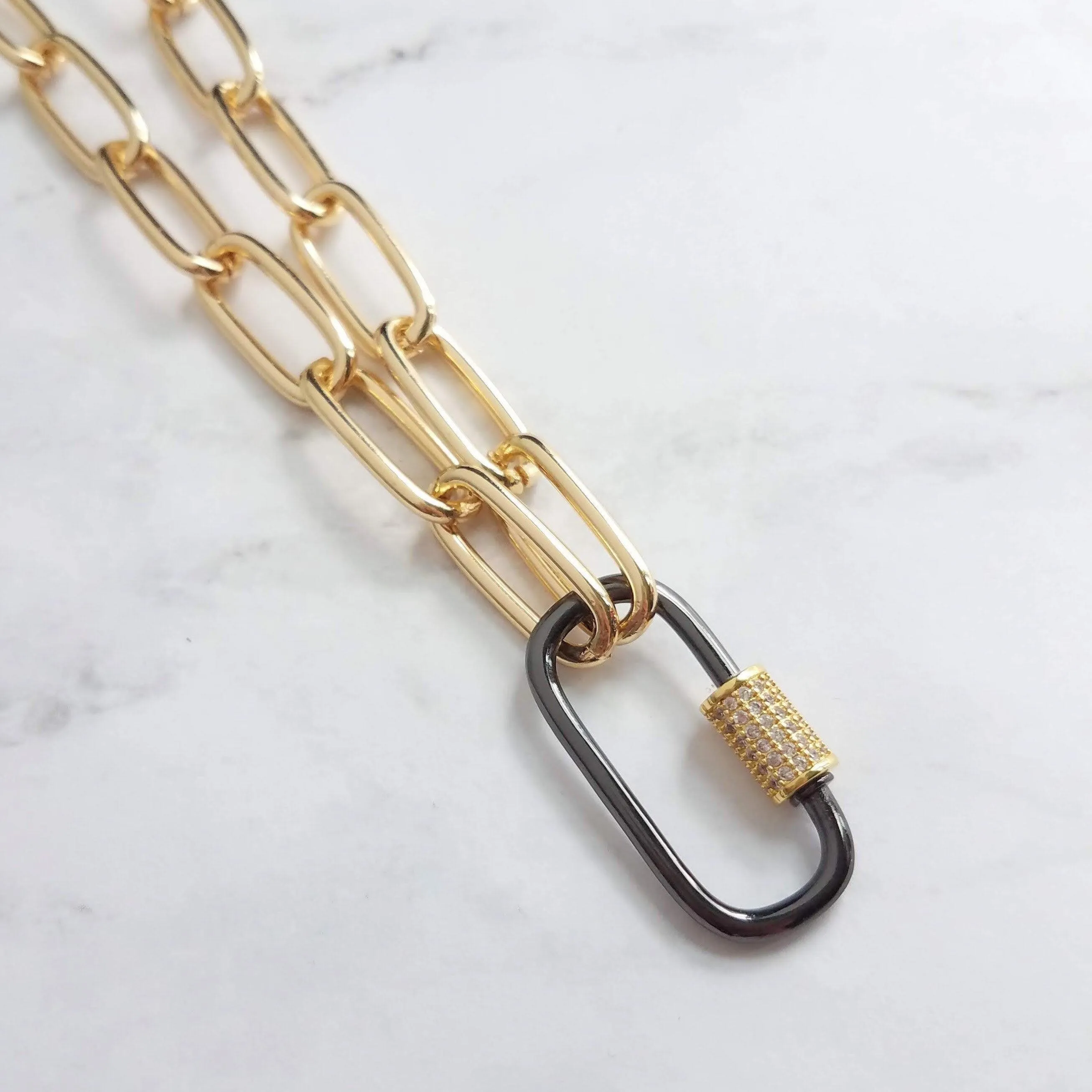 Gold Oval Chain Necklace, chunky front clasp necklace, black carabiner clasp, gold black necklace, large oval CZ clasp, screw clasp necklace