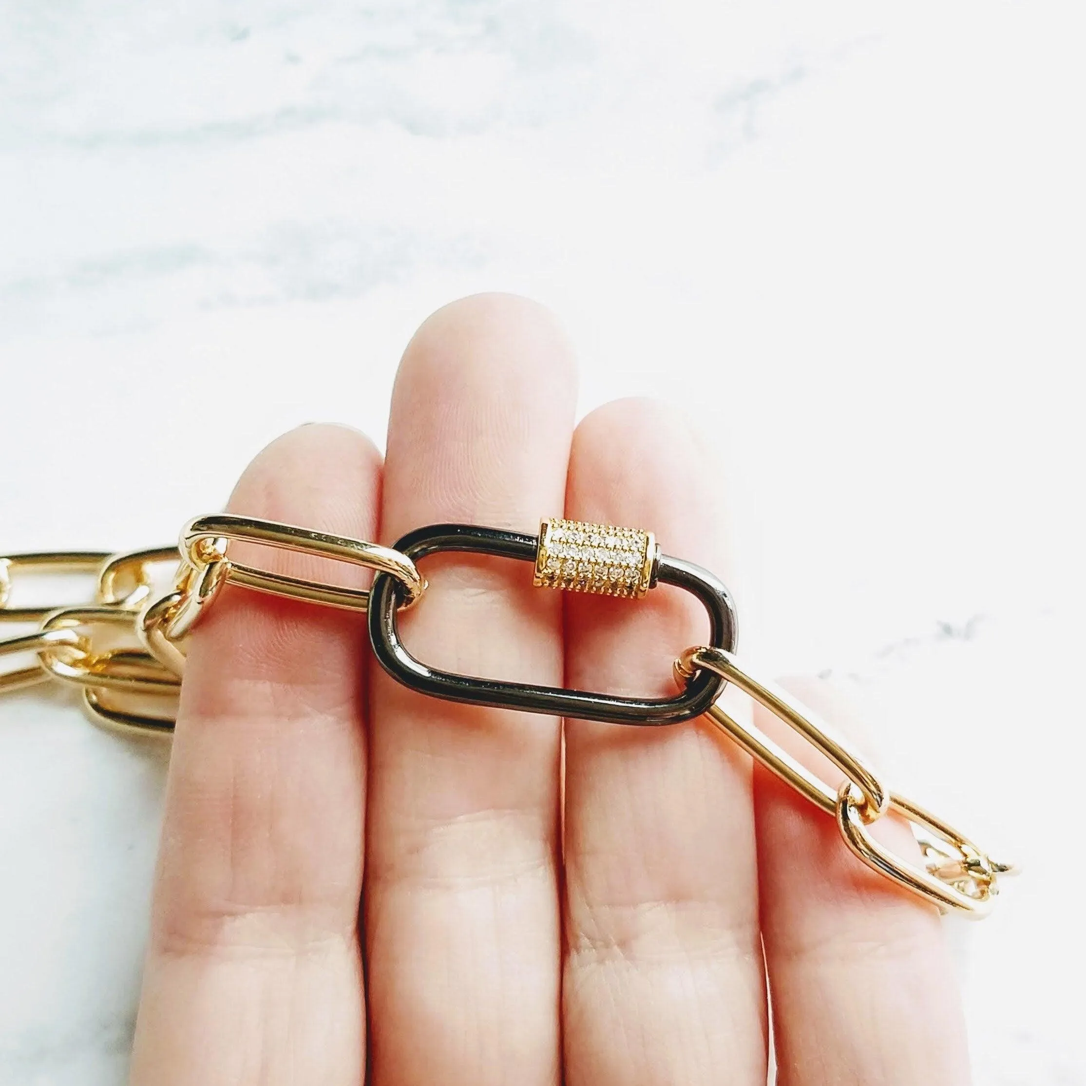 Gold Oval Chain Necklace, chunky front clasp necklace, black carabiner clasp, gold black necklace, large oval CZ clasp, screw clasp necklace