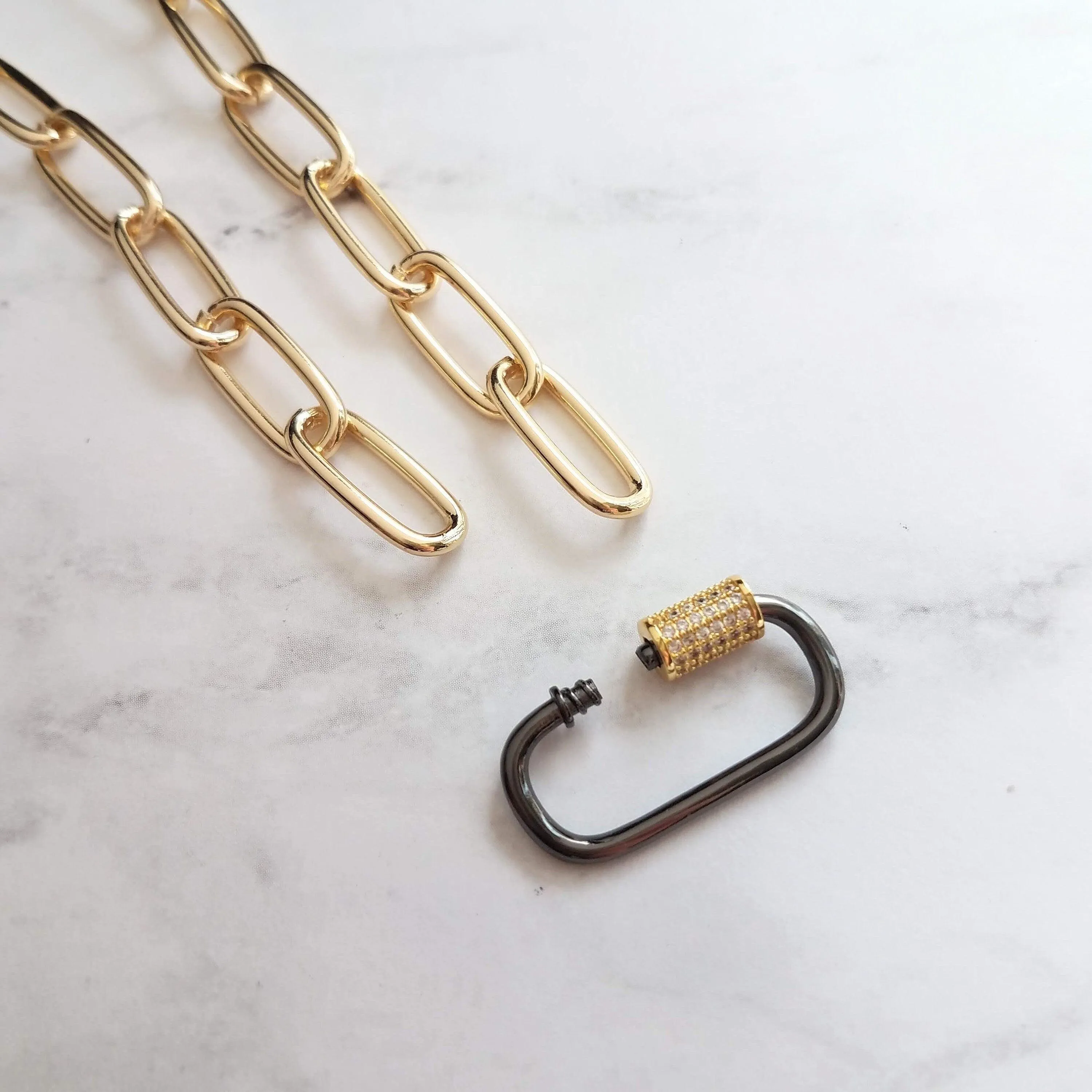 Gold Oval Chain Necklace, chunky front clasp necklace, black carabiner clasp, gold black necklace, large oval CZ clasp, screw clasp necklace