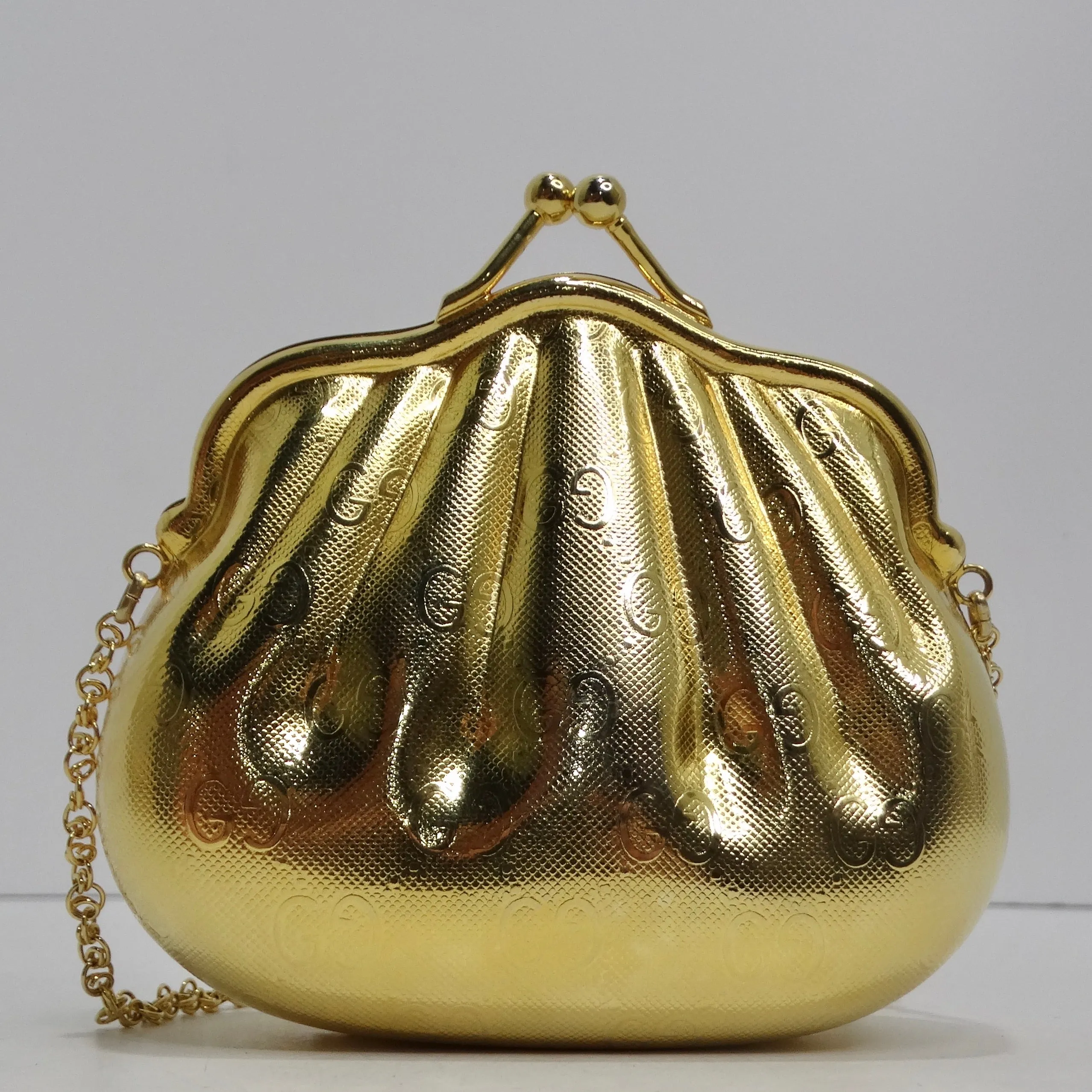 Gucci 1980s Gold Tone Metal Shell Minaudière Evening Bag