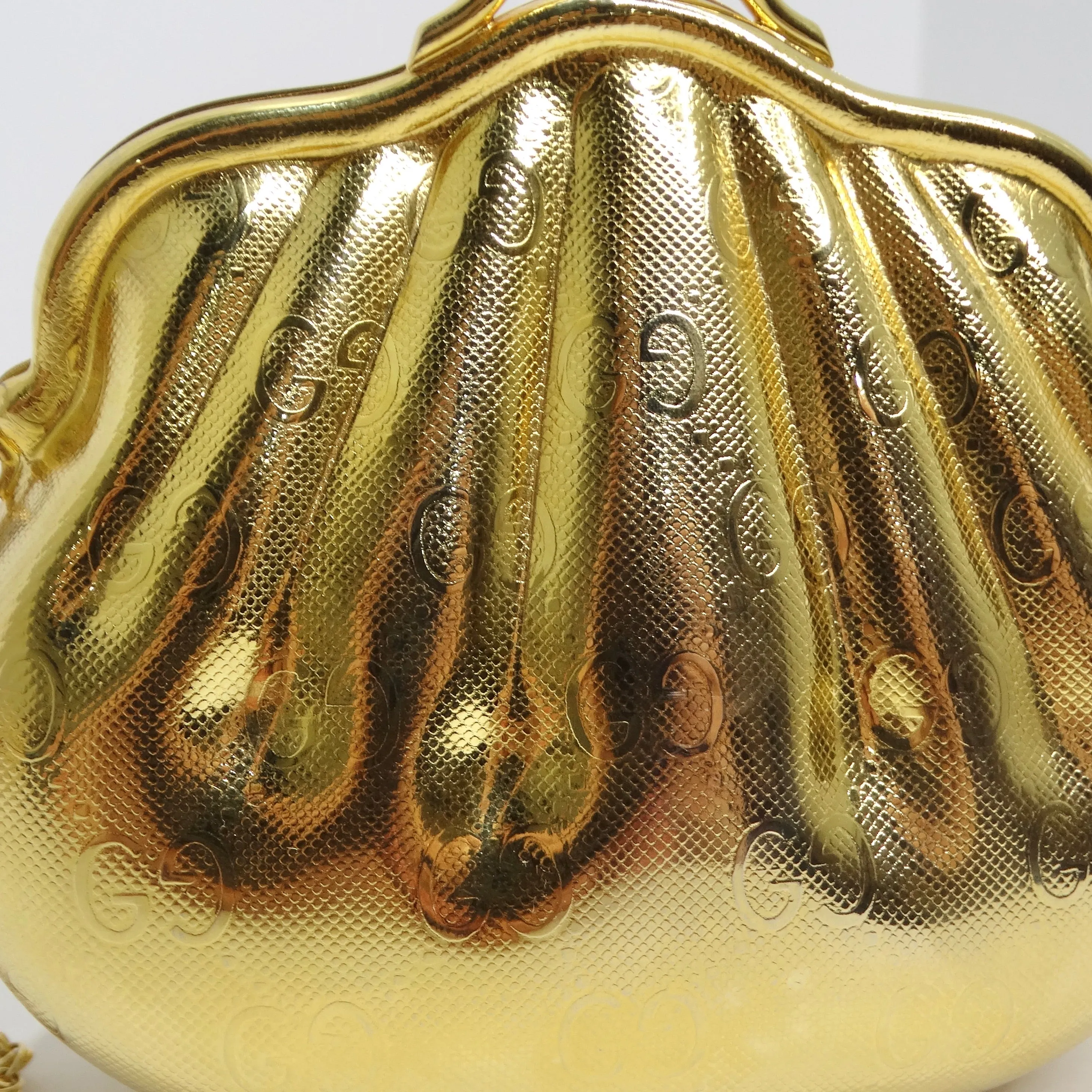 Gucci 1980s Gold Tone Metal Shell Minaudière Evening Bag