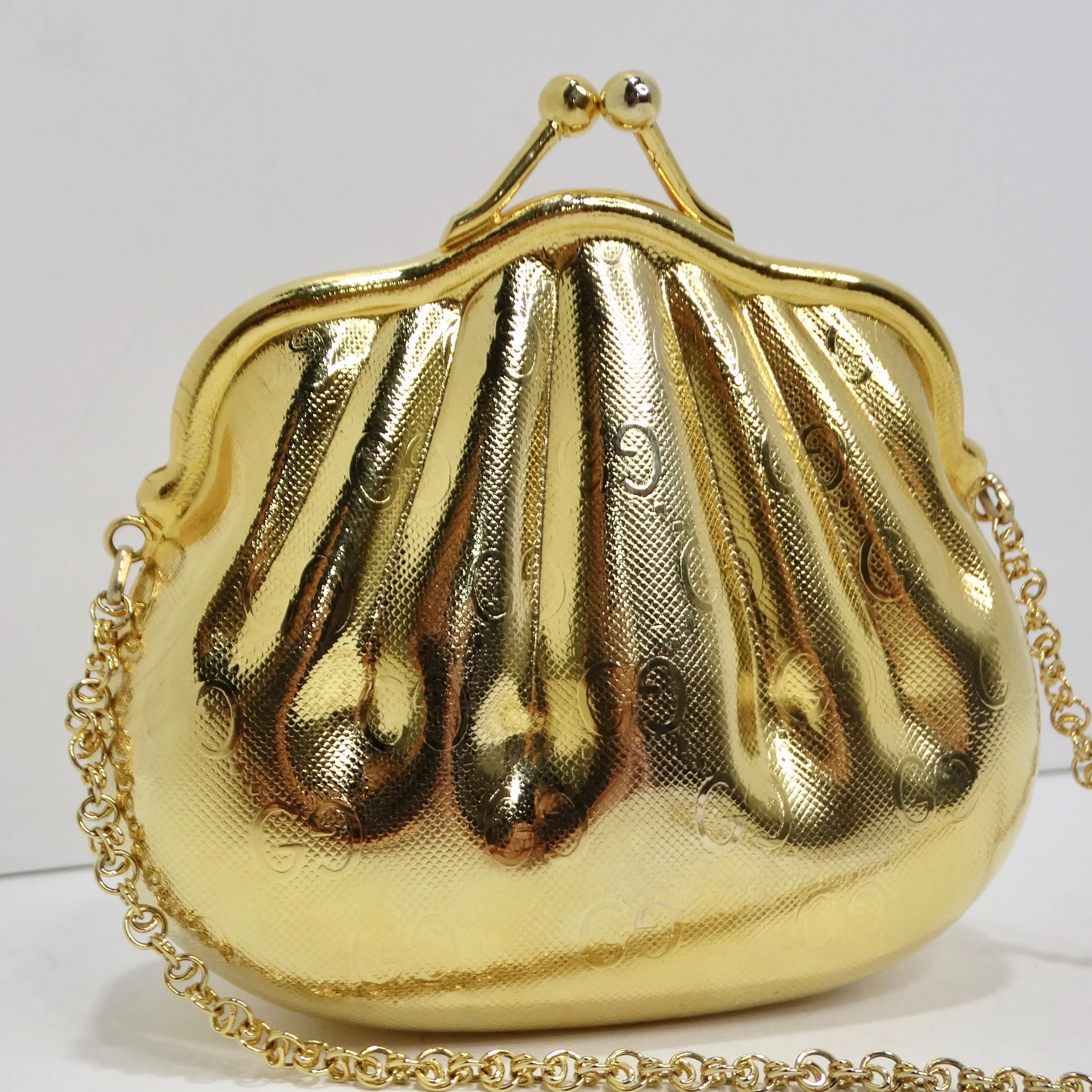 Gucci 1980s Gold Tone Metal Shell Minaudière Evening Bag