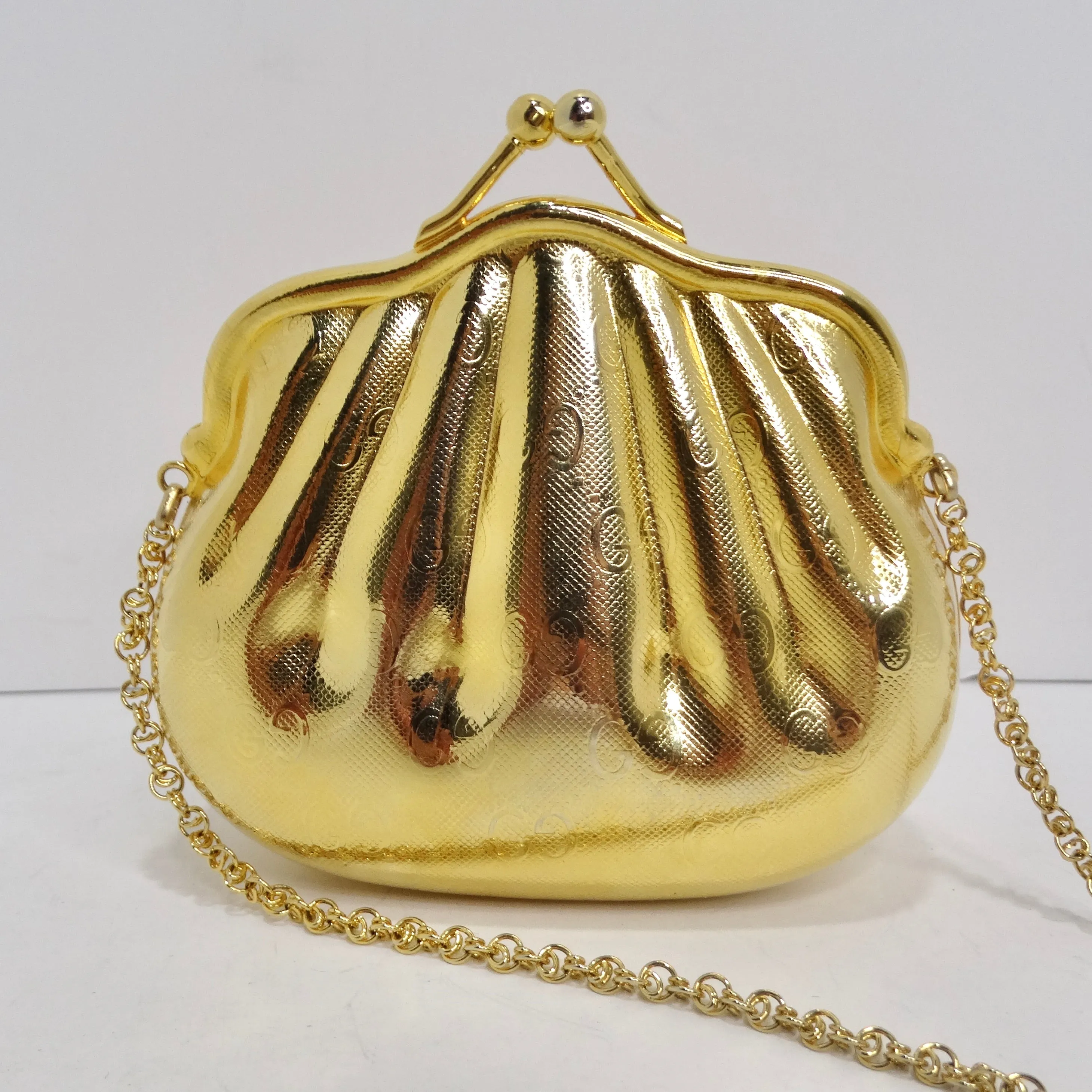 Gucci 1980s Gold Tone Metal Shell Minaudière Evening Bag