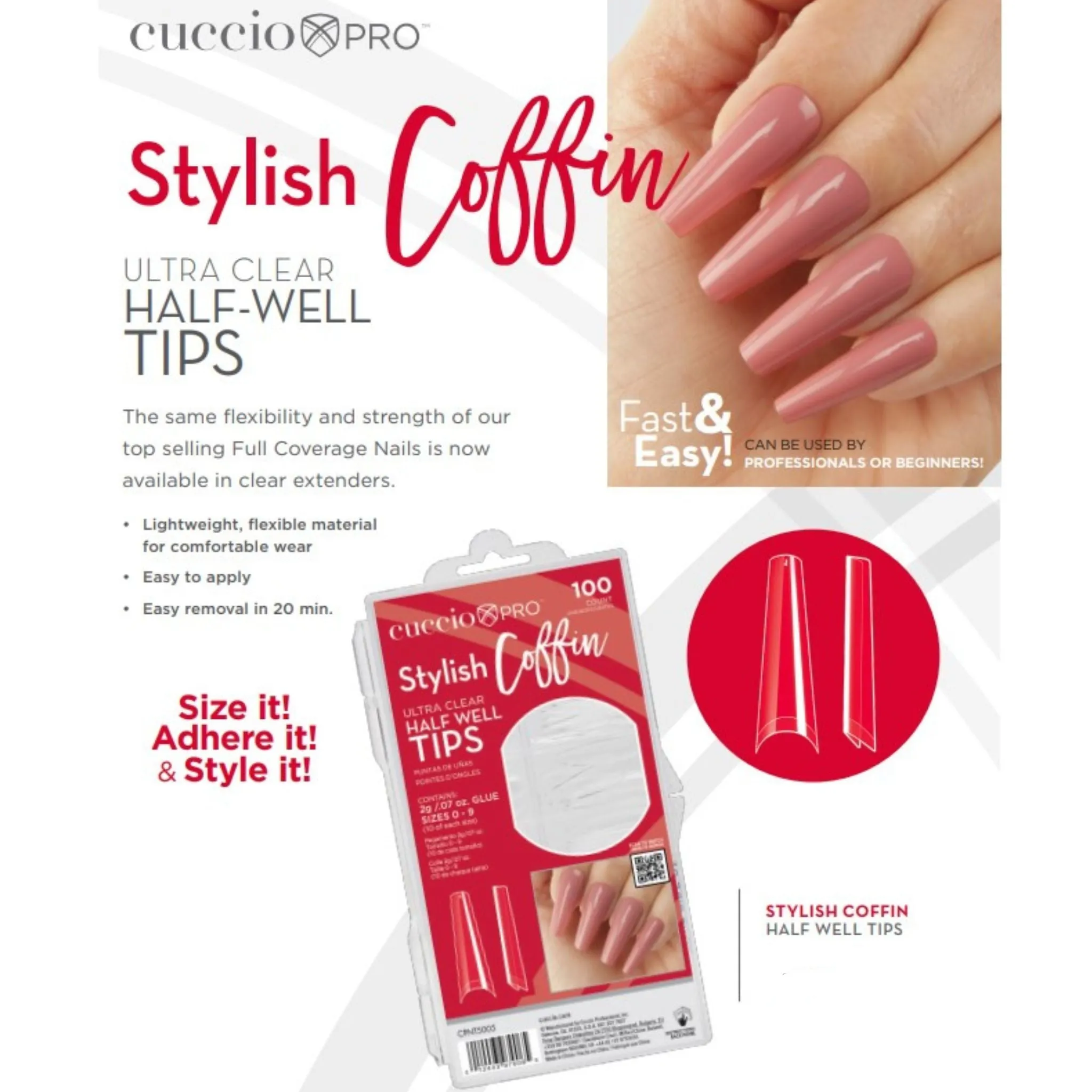 Half Well Nail Tips - Stylish Coffin - 100 Count