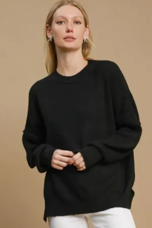 Hazel Blues® | Umgee Side Slit Wool Blend Round Neck Sweater