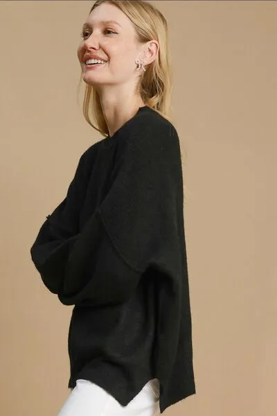 Hazel Blues® | Umgee Side Slit Wool Blend Round Neck Sweater