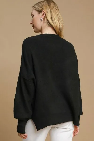 Hazel Blues® | Umgee Side Slit Wool Blend Round Neck Sweater