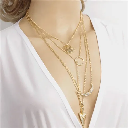 Hot Fashion Gold Color Multilayer Coin Tassels Lariat Bar Necklaces Beads Choker Feather Pendants Necklaces For Women Bijoux