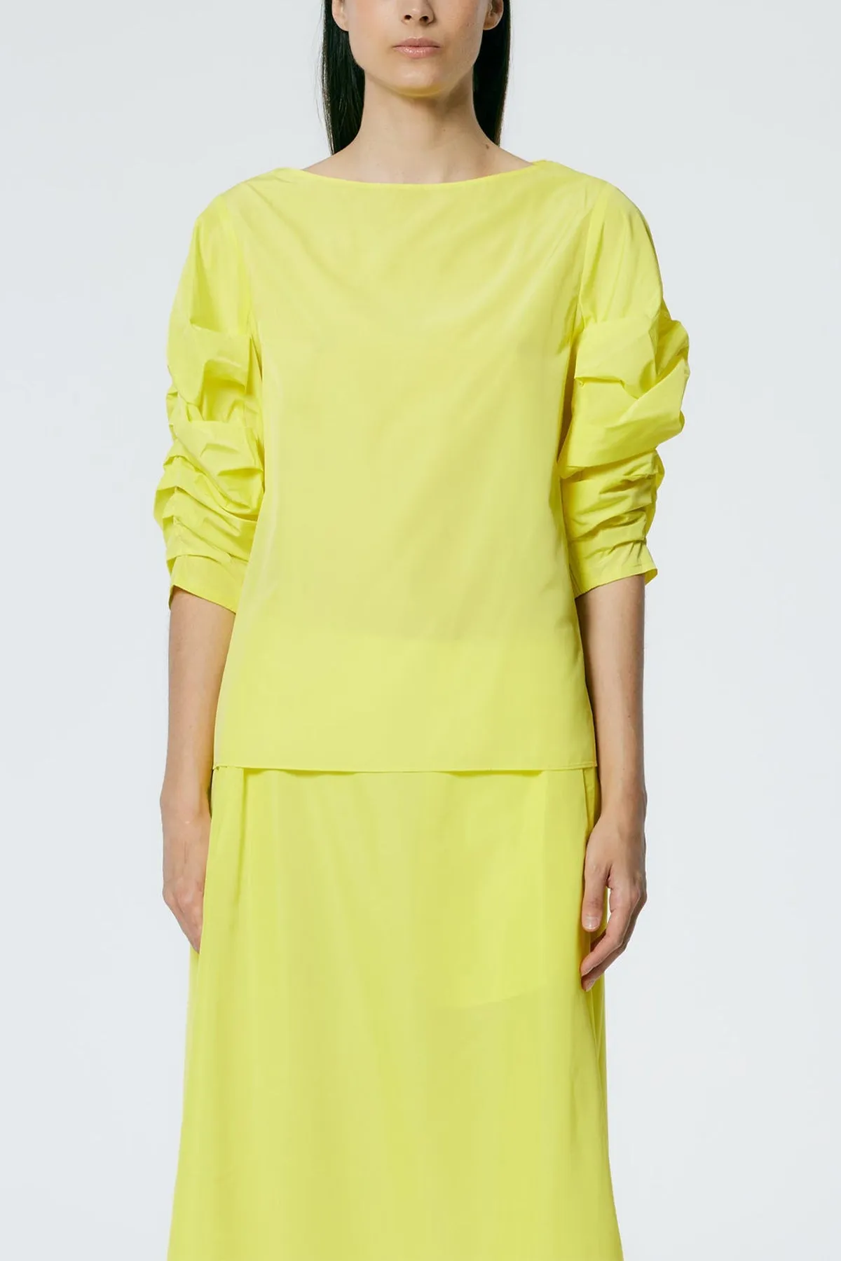 Italian Sporty Nylon Shirred Sleeve Top in Yellow