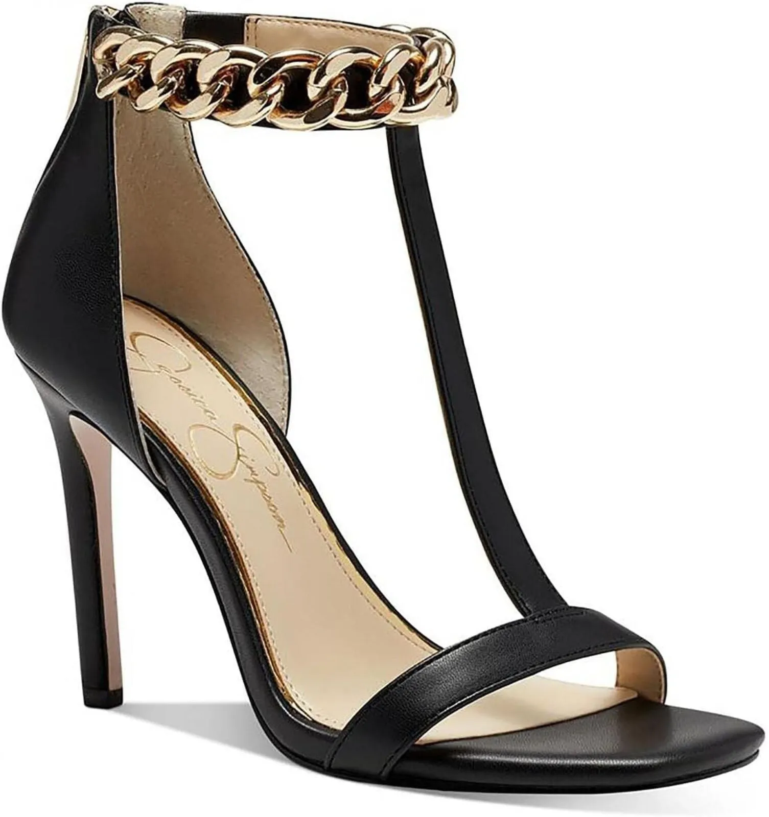 Jessica Simpson Omesa Chain Embellished Ankle Strap Heels Black Italia Nappa 10M