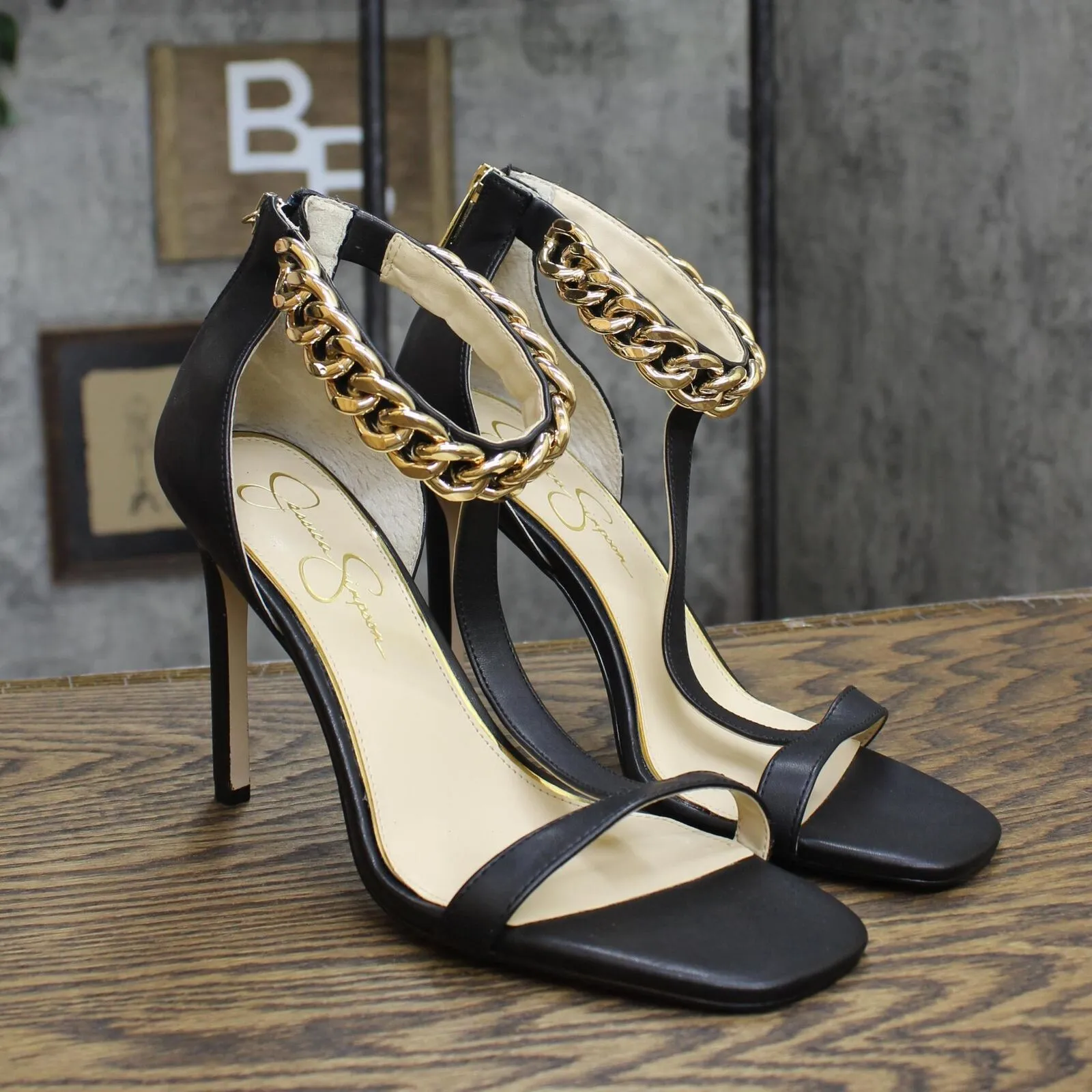 Jessica Simpson Omesa Chain Embellished Ankle Strap Heels Black Italia Nappa 10M