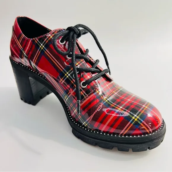 Jessica Simpson Resina Red Plaid Patent Oxford Chunky Heel Lug sole Lace Up Shoe