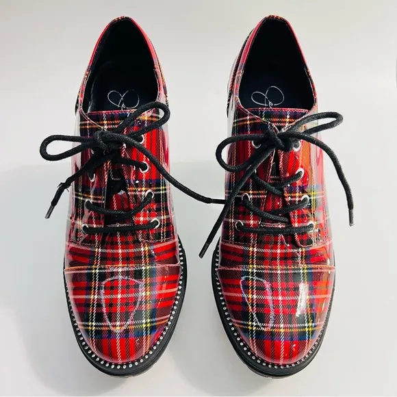 Jessica Simpson Resina Red Plaid Patent Oxford Chunky Heel Lug sole Lace Up Shoe