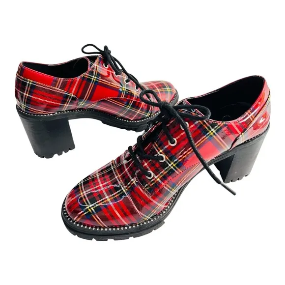 Jessica Simpson Resina Red Plaid Patent Oxford Chunky Heel Lug sole Lace Up Shoe