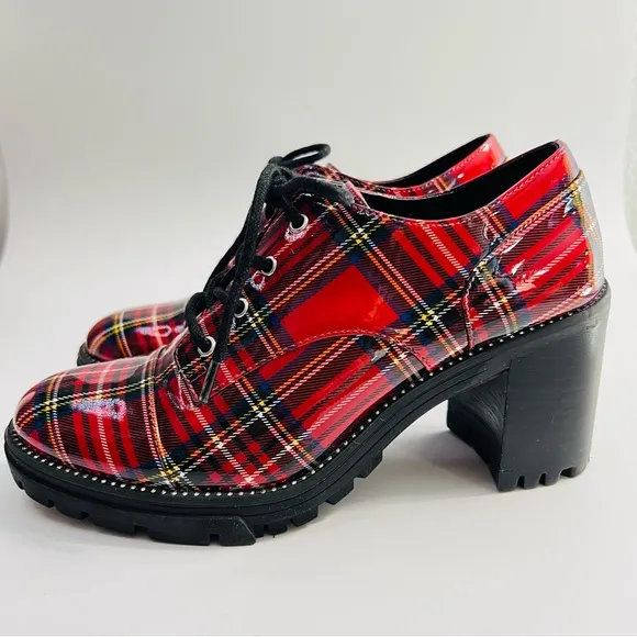 Jessica Simpson Resina Red Plaid Patent Oxford Chunky Heel Lug sole Lace Up Shoe