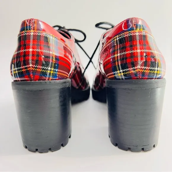 Jessica Simpson Resina Red Plaid Patent Oxford Chunky Heel Lug sole Lace Up Shoe