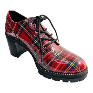 Jessica Simpson Resina Red Plaid Patent Oxford Chunky Heel Lug sole Lace Up Shoe