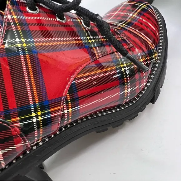 Jessica Simpson Resina Red Plaid Patent Oxford Chunky Heel Lug sole Lace Up Shoe