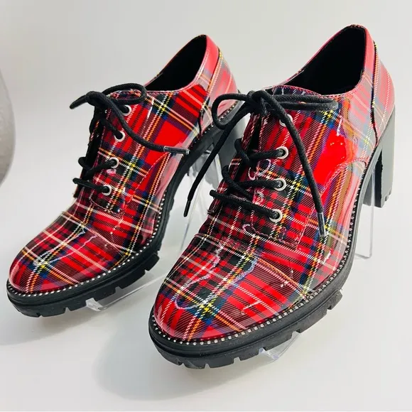 Jessica Simpson Resina Red Plaid Patent Oxford Chunky Heel Lug sole Lace Up Shoe